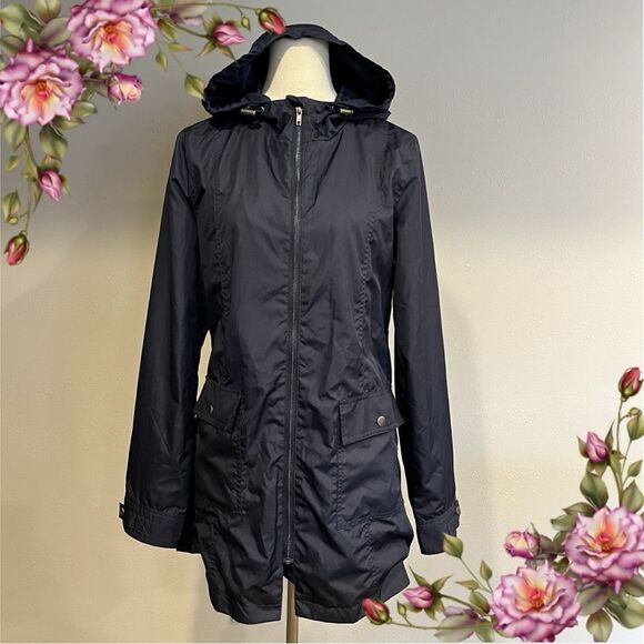 Serra Zip Up Long Navy Rain Coat Jacket Size Med - Picture 1 of 14